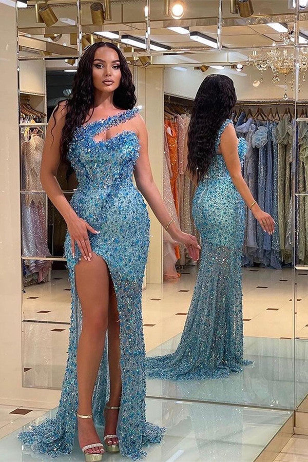 Abito da sera vintage a sirena con una spalla, perline lunghe e paillettes, con spacco