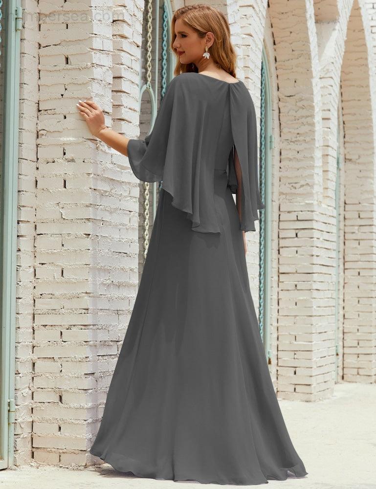 Bridesmaid Dress Women Long Sleeve V-Neck Chiffon Formal Wedding Party Dress 28018