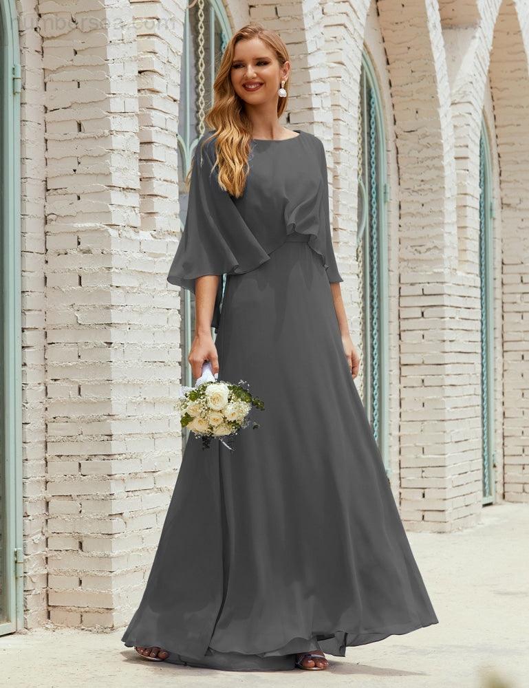 Bridesmaid Dress Women Long Sleeve V-Neck Chiffon Formal Wedding Party Dress 28018