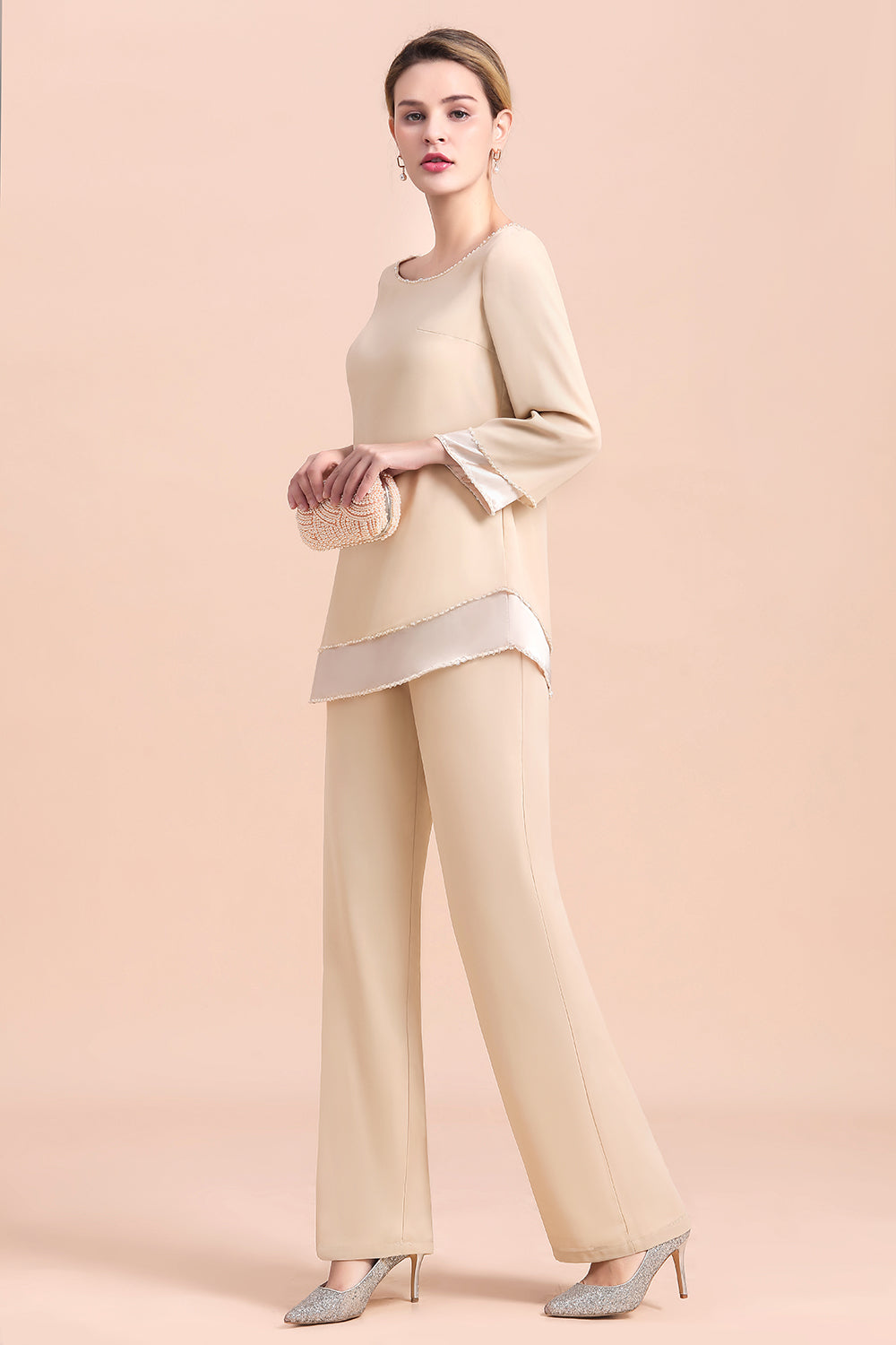 BMbridal Chic Round-Neck Champagne Chiffon Mother of Bride Jumpsuit Online
