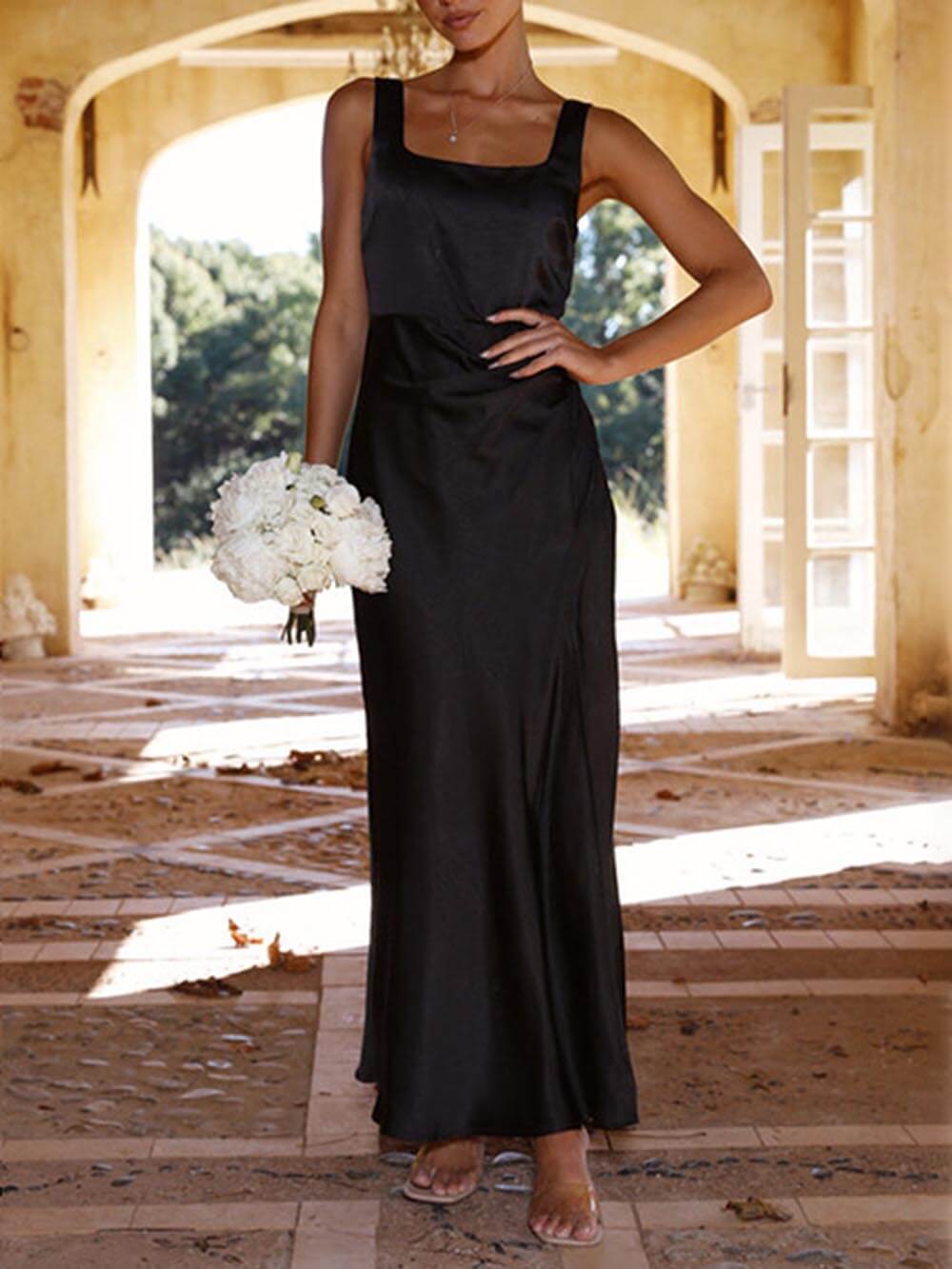 Robe d'été bretelles satinée pour demoiselle d'honneur et bal de fin d'études mi-longue