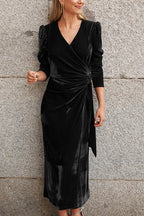 Vestido de noite elegante de manga comprida com design francês em veludo dourado