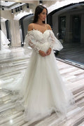 Charming Spaghetti Straps Off The Shoulder Tulle Lace Appliques Wedding Dress