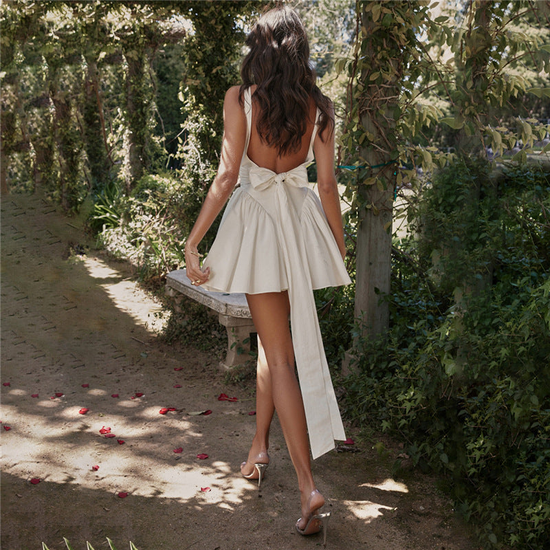 Abito da Sera Estivo Donna Sexy con Schienale Scoperto, Lacci e Fiocco – Elegante e Alla Moda