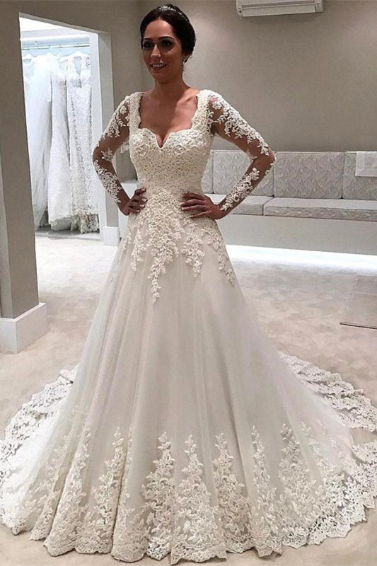 A-Line Long Sleeve Wedding Dress With Lace Appliques