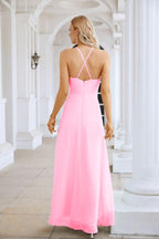 Vestido de Festa Comprido até ao Chão para Damas de Honra, em Chiffon, com Alças Finas, Decote em V e Fenda Frontal, para Baile, Festa e Casamento 28116
