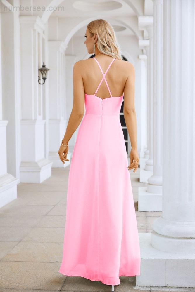 Vestido de Festa Comprido até ao Chão para Damas de Honra, em Chiffon, com Alças Finas, Decote em V e Fenda Frontal, para Baile, Festa e Casamento 28116