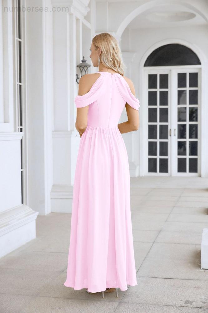 Abito da sera da damigella in chiffon con spalle scoperte, maniche a campana e spacco frontale, abito da festa nuziale 28117