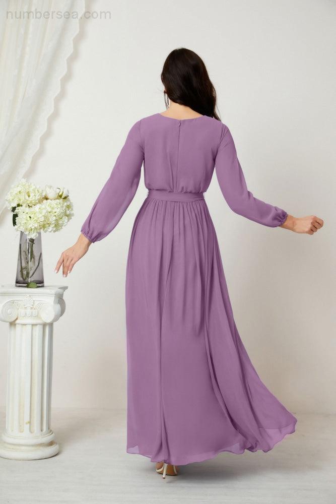 Evening Dresses Deep V-Neck Chiffon Bridesmaid Dresses Long Bishop Sleeve Side Split Formal Dress 2806