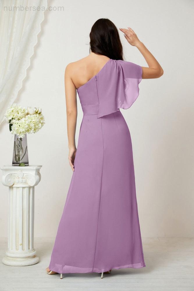 Chiffon Ruffled One Shoulder Long Bridesmaid Dresses A-line Formal Evening Gown Side Split 2809