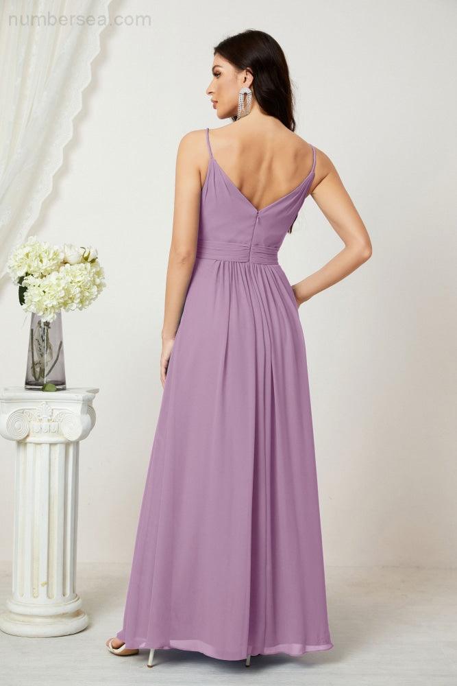 Chiffon V-Neck Bridesmaid Dress Spaghetti Strap Long Formal Party Prom Gowns with Slit 28010