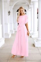 Robe de soirée longue jusqu'au sol pour demoiselle d'honneur, manches en mousseline, encolure ronde, fente avant, pour mariage et fête 28124