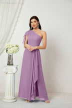 Chiffon Ruffled One Shoulder Long Bridesmaid Dresses A-line Formal Evening Gown Side Split 2809