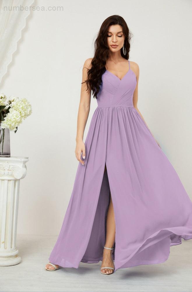 Neck Bridesmaid Dresses Chiffon Long Spaghetti A-line Formal Prom Gown for Wedding Party Evening 2801