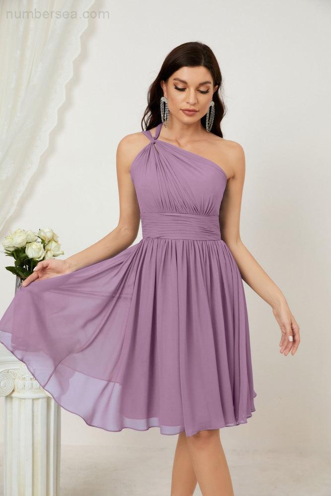 Women Chiffon Short One Shoulder Bridesmaid Dress Formal Dresses for Party Homecoming  2804