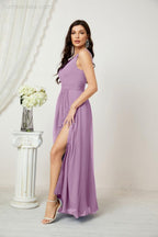 Chiffon V-Neck Bridesmaid Dress Spaghetti Strap Long Formal Party Prom Gowns with Slit 28010