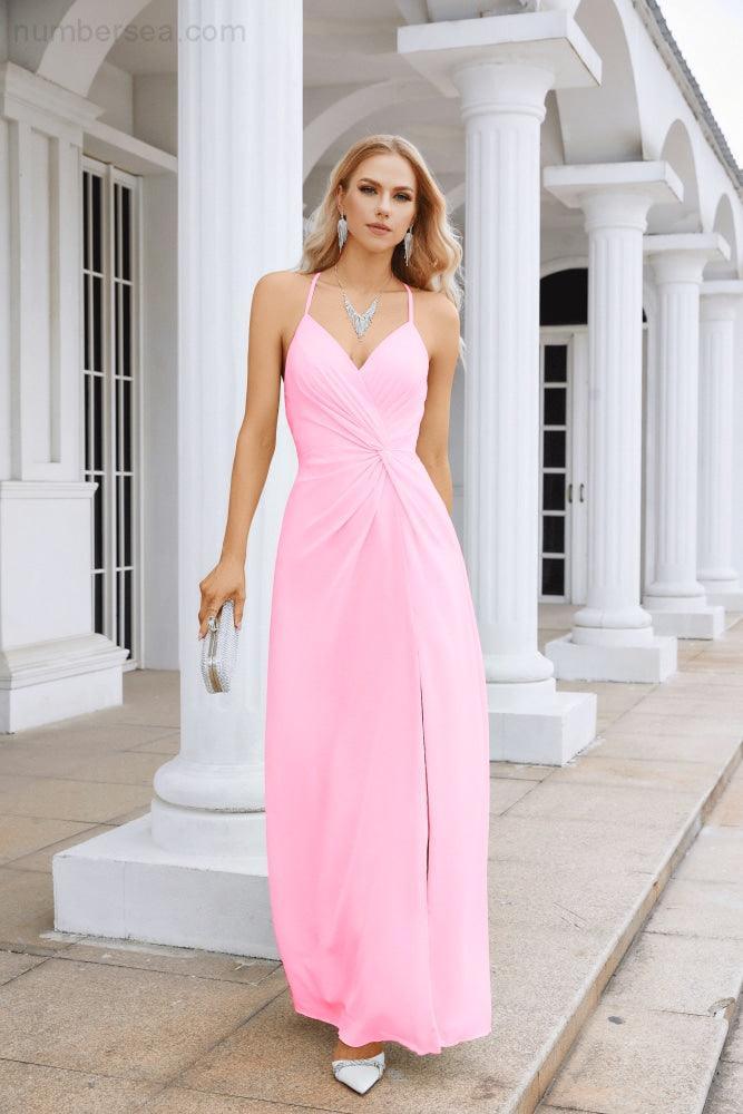 Vestido de Festa Comprido até ao Chão para Damas de Honra, em Chiffon, com Alças Finas, Decote em V e Fenda Frontal, para Baile, Festa e Casamento 28116