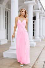 Vestido de Festa Comprido até ao Chão para Damas de Honra, em Chiffon, com Alças Finas, Decote em V e Fenda Frontal, para Baile, Festa e Casamento 28116