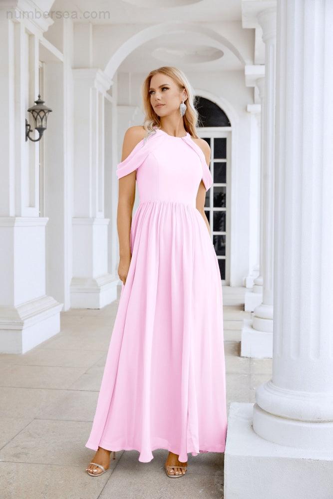 Abito da sera da damigella in chiffon con spalle scoperte, maniche a campana e spacco frontale, abito da festa nuziale 28117