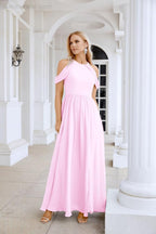 Abito da sera da damigella in chiffon con spalle scoperte, maniche a campana e spacco frontale, abito da festa nuziale 28117