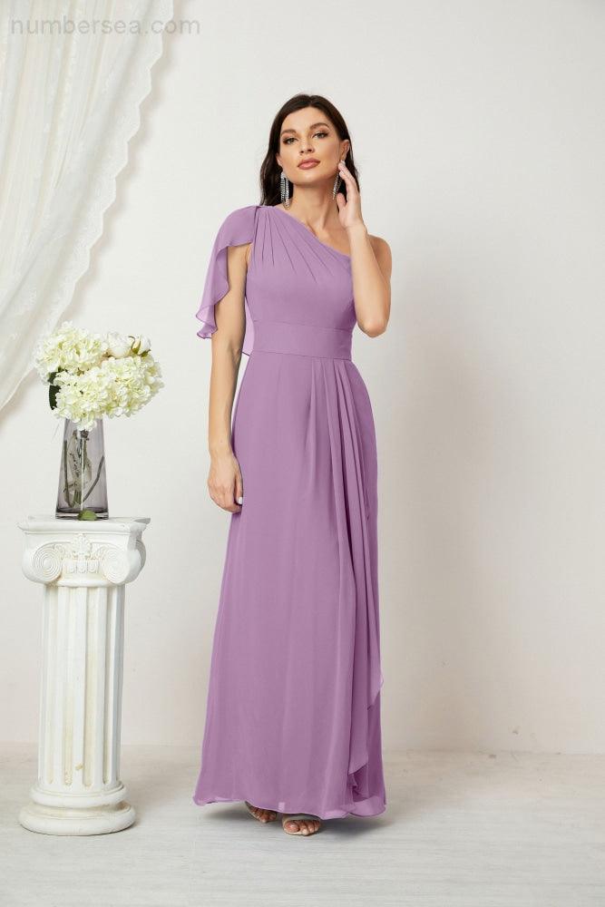 Chiffon Ruffled One Shoulder Long Bridesmaid Dresses A-line Formal Evening Gown Side Split 2809