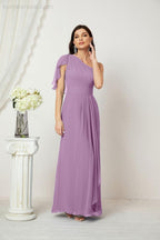 Chiffon Ruffled One Shoulder Long Bridesmaid Dresses A-line Formal Evening Gown Side Split 2809