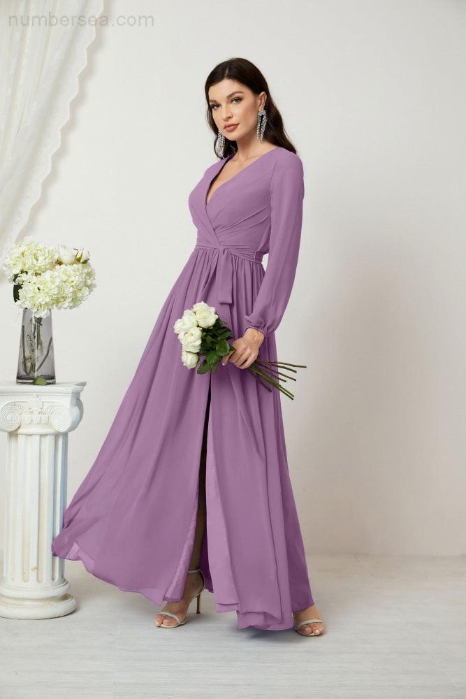 Evening Dresses Deep V-Neck Chiffon Bridesmaid Dresses Long Bishop Sleeve Side Split Formal Dress 2806