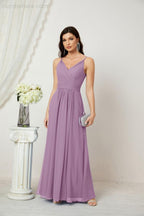 Chiffon V-Neck Bridesmaid Dress Spaghetti Strap Long Formal Party Prom Gowns with Slit 28010