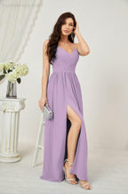 Neck Bridesmaid Dresses Chiffon Long Spaghetti A-line Formal Prom Gown for Wedding Party Evening 2801