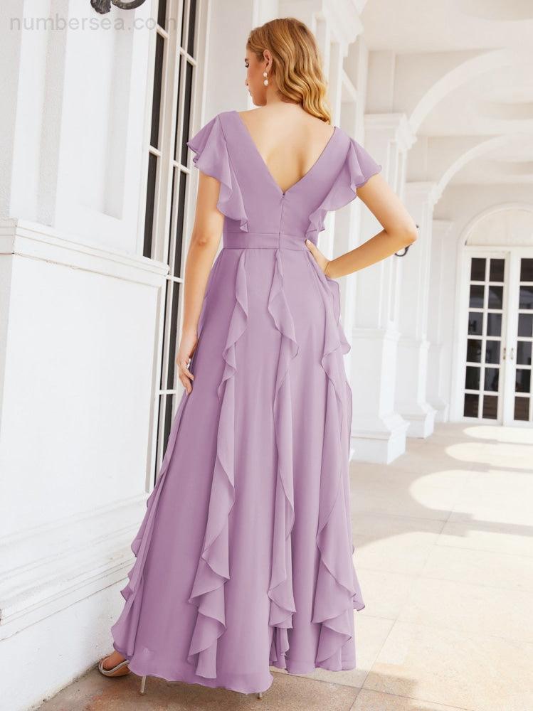 Ruffled Bridesmaid Dresses with Sleeves Long Formal Party Dress 28041