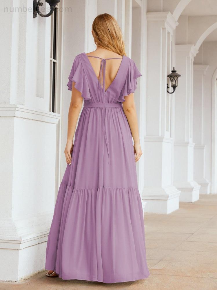 Abiti da sera formali da donna Numbersea con schiena scoperta, scollo a V, lunghi in chiffon, abiti da damigella con cintura in vita 28038
