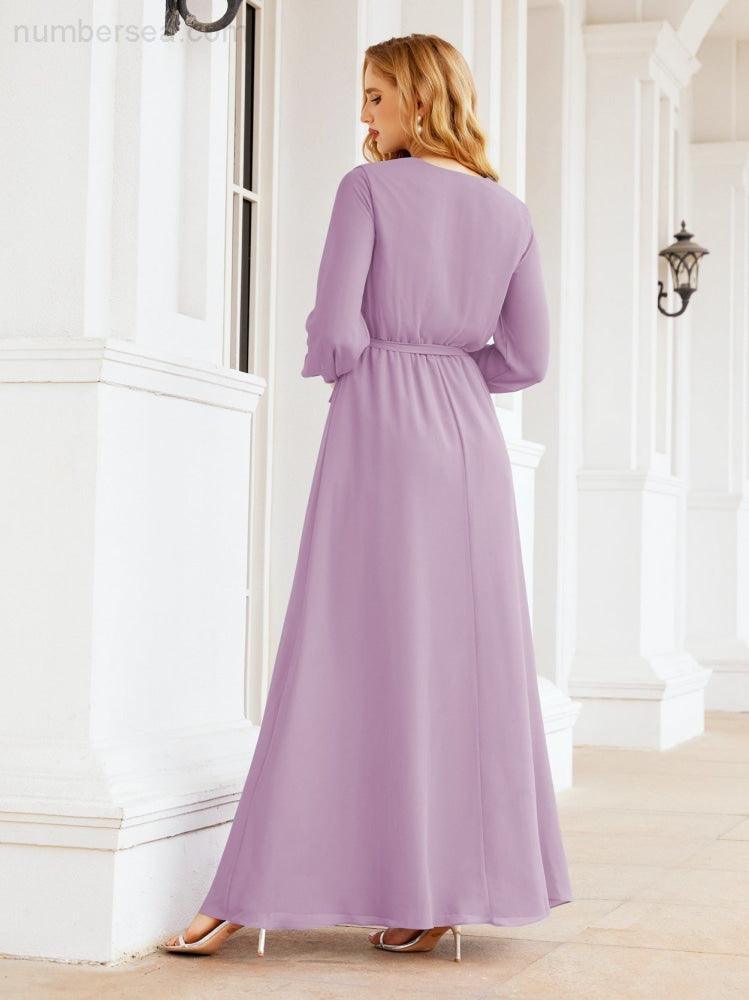 Vestito da damigella d'onore in chiffon da donna Numbersea, linea a trapezio, maniche lunghe, abito lungo formale da sera per ospite di matrimonio 28032