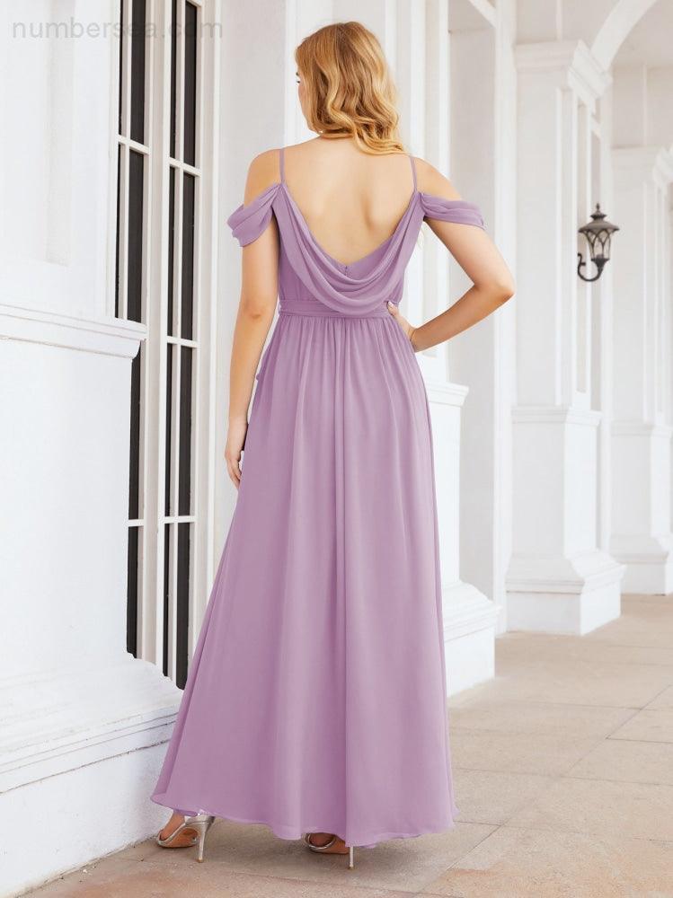 Numbersea Abito da Damigella in Chiffon con Spalle Scoperte, Abito Lungo Formale per Laurea con Schiena a Mantella 28069