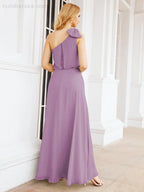 Chiffon Ruffled One Shoulder Sleeveless Long Bride Dresses A-line Formal Evening Gown Side Split 28057