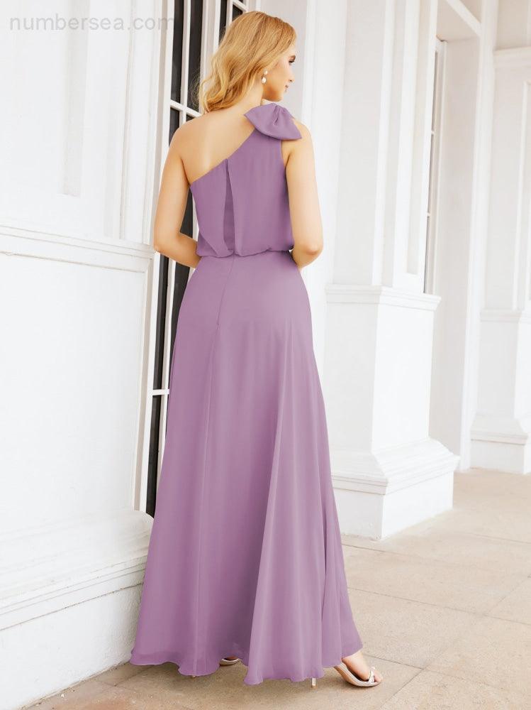 Chiffon Ruffled One Shoulder Sleeveless Long Bride Dresses A-line Formal Evening Gown Side Split 28057