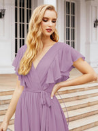 Abiti da sera formali da donna Numbersea con schiena scoperta, scollo a V, lunghi in chiffon, abiti da damigella con cintura in vita 28038