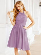 Halter Chiffon Bridesmaid Dresses Short Sleeveless Formal Party Dress Open Back 28023
