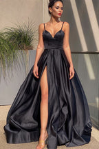A-line Sleek Black Spaghetti Straps Long Prom Dress with Slit and Ruffle