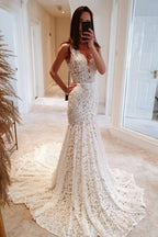 Chic Long Mermaid Wedding Dress With V Neck Open Back Lace Gown