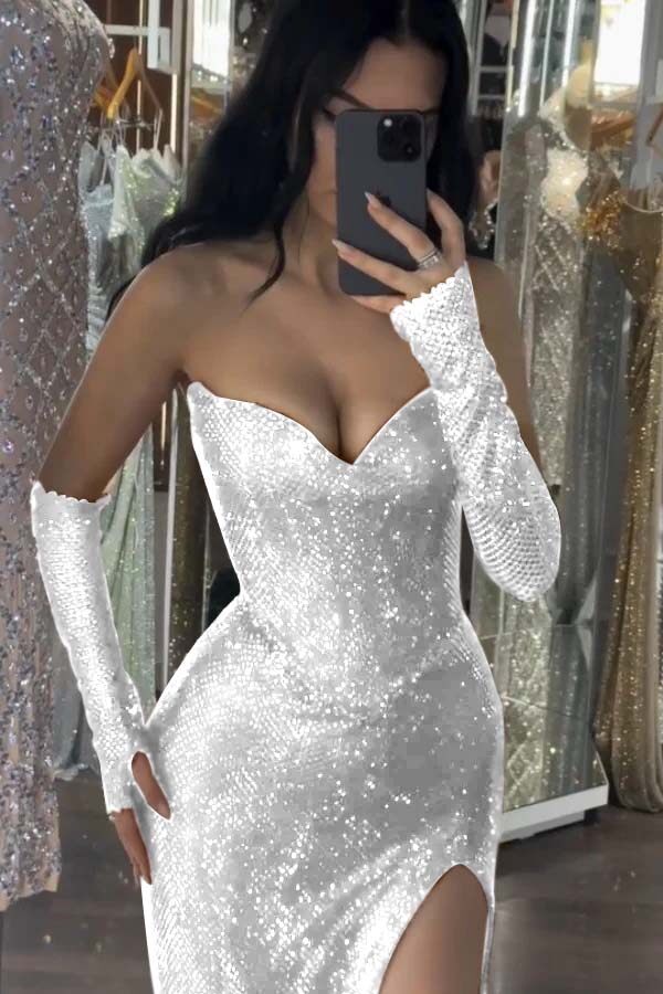 Sequin Strapless Long Mermaid Prom Dress With Split Detachable Sleeves