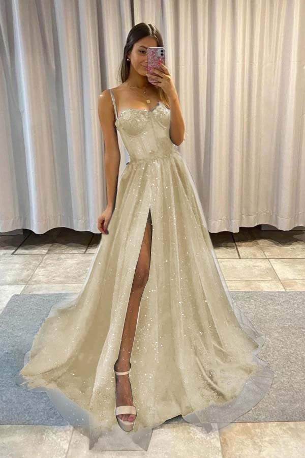 Sequined Spaghetti Strap Sleeveless Long Split Prom Dress