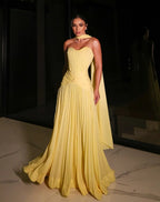 Customized Yellow Strapless Pleated Ruched Bodice Cape Elegant Fitted Flowy Maxi Skirt Party Dresses robes de soirée 202