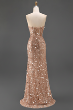Sparkly Gold Fully Beaded Prom Dress with Deep V Neck Slit and Open Back