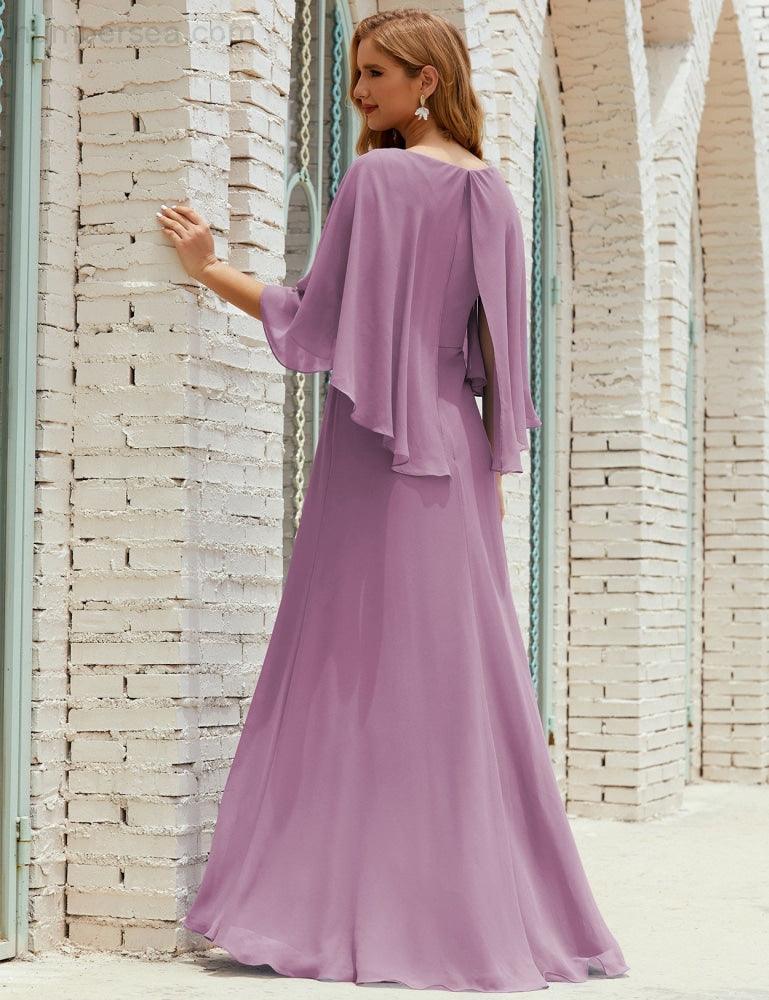 Bridesmaid Dress Women Long Sleeve V-Neck Chiffon Formal Wedding Party Dress 28018