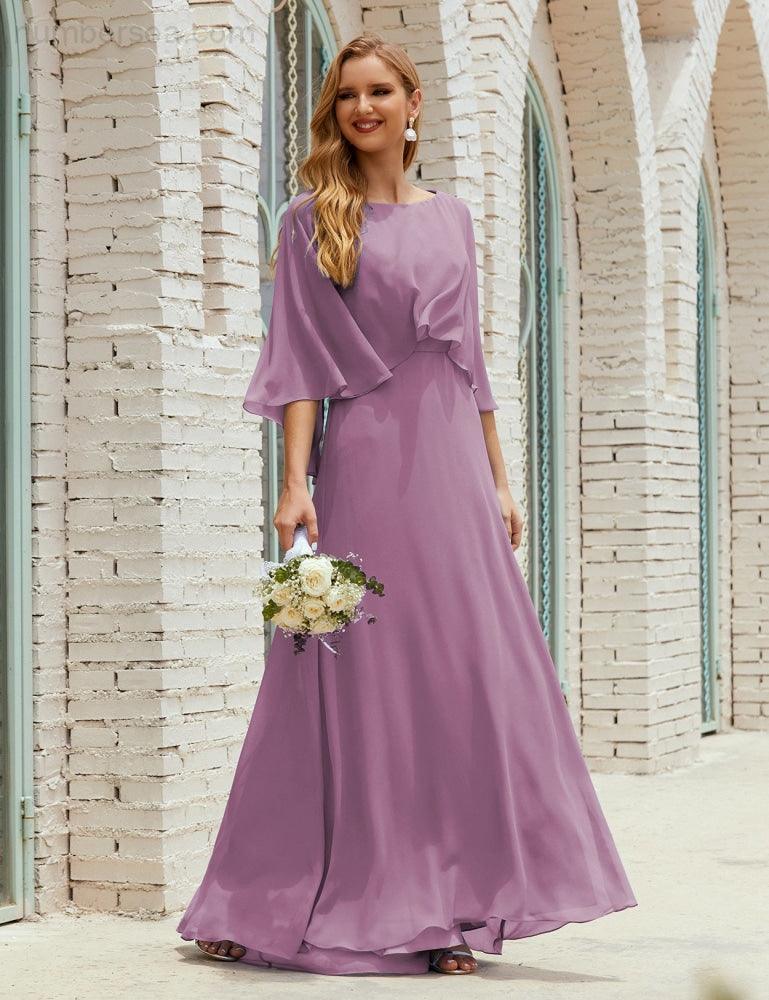Bridesmaid Dress Women Long Sleeve V-Neck Chiffon Formal Wedding Party Dress 28018