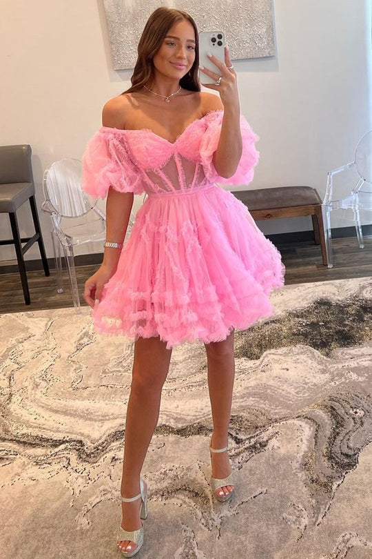 Naomi | Vestido de Regresso a Casa em Tule com Linha A e Ombros Descobertos