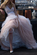 Beach V-Neck Tulle Wedding Dress Sleeveless Gown for Beach Weddings