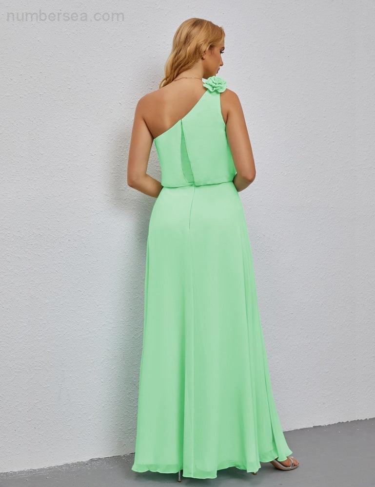 Ruffled One Shoulder Sleeveless Long Bridesmaid Dresses A-line Formal Evening Gown Side Split 28080