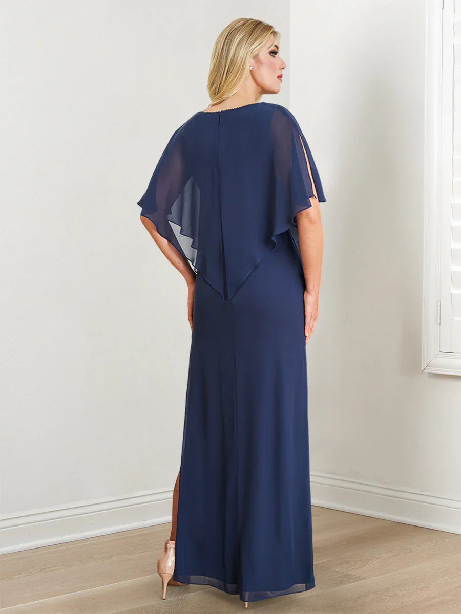 Vestidos de madre de la novia con escote en V, corte tubo/columnar, con cuentas y abertura lateral