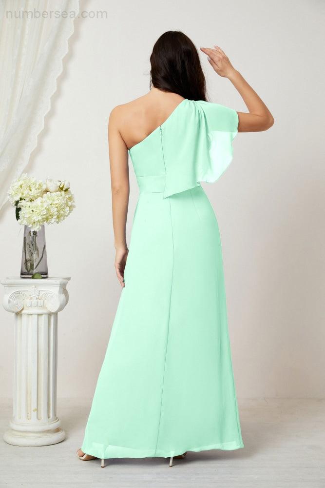 Chiffon Ruffled One Shoulder Long Bridesmaid Dresses A-line Formal Evening Gown Side Split 2809
